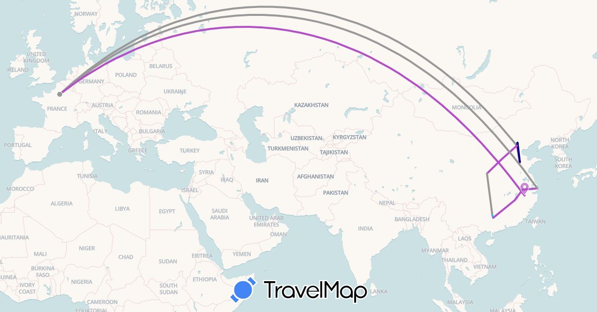 TravelMap itinerary: driving, plane, train, boat in China, France (Asia, Europe)